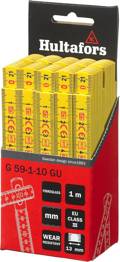 200304 Hultafors Gliedermaßstab G59, 10 Teilig, 13 mm breit, gelb, mit Millimetereinteilung, Meterstab 1 m
